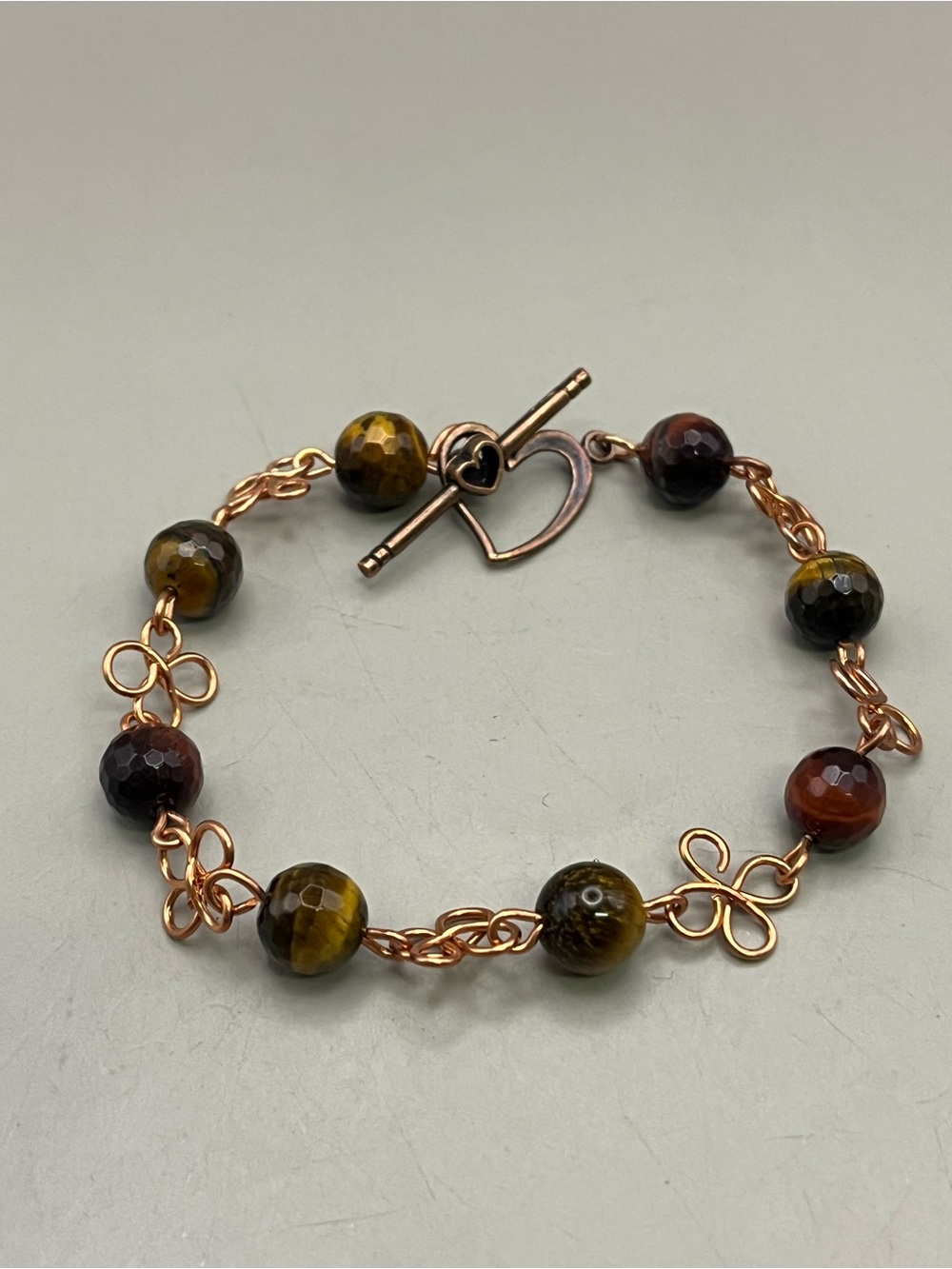 Handmade Copper Bracelet Faceted Tiger Eye Gemstone Beads Heart Toggle Clasp